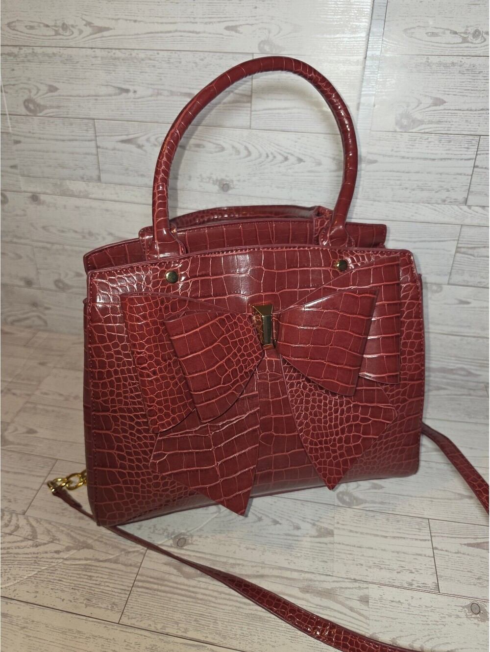 Like Dreams Burgundy Crocodile Embossed Bow Satchel Handbag Crossbody